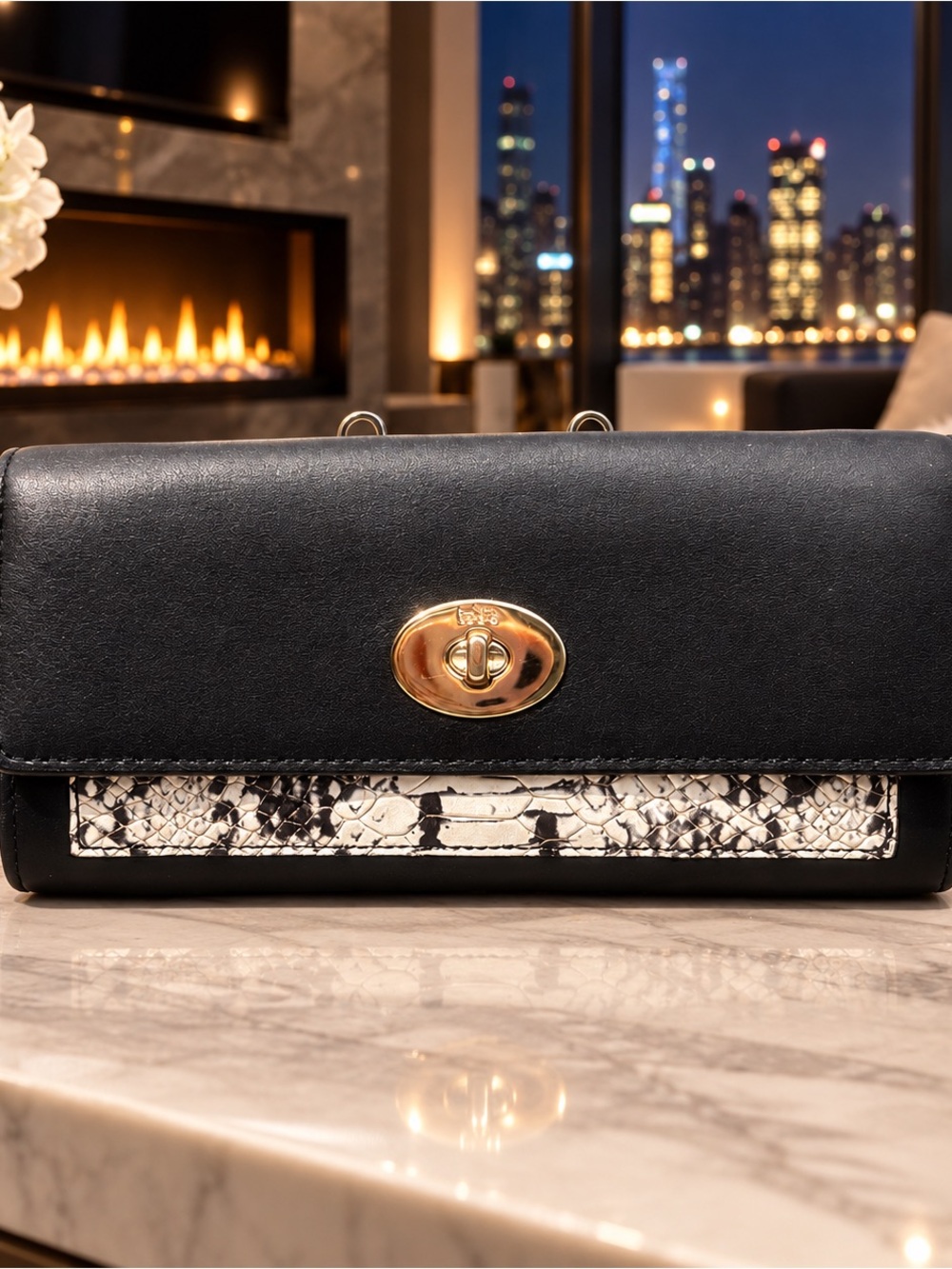 Coach Black Leather Clutch with Black & White Snake-Print Trim (Callouts)